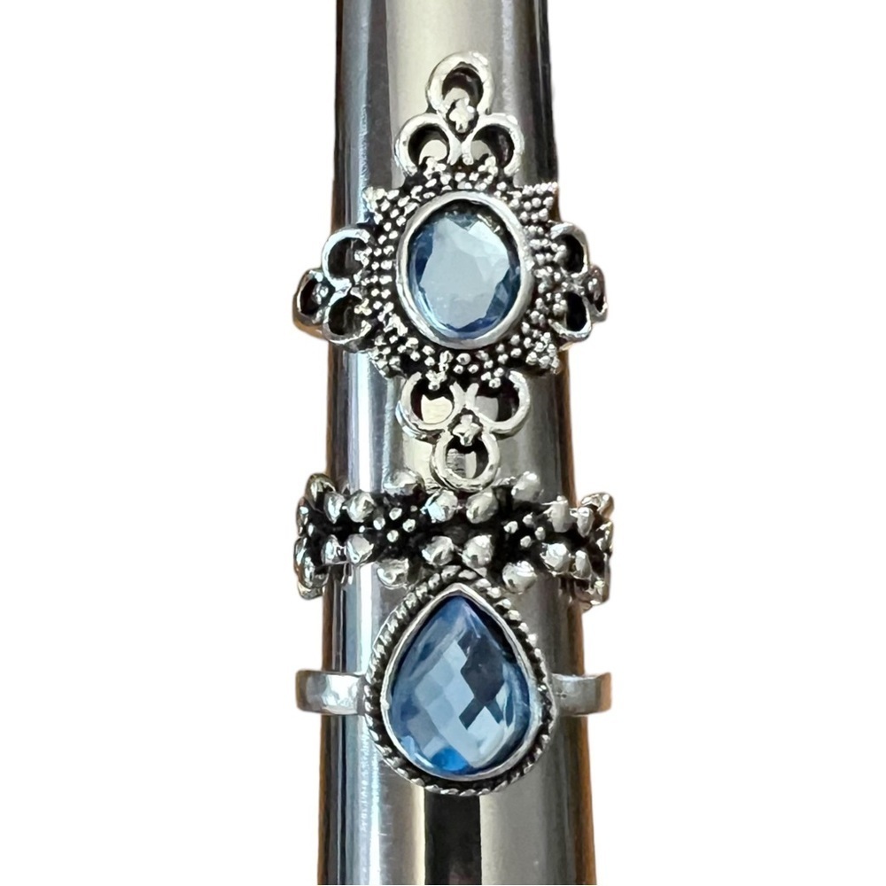 Lot of 3 Silver Tone Blue Teardrop, Floral & Oval Cabochon Size 6.25 Rings